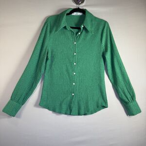Trendmate Women Ribbed Green Slim Buttondown Collared Long Sleeve Shirt blouse M
